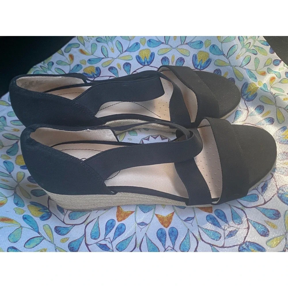 LifeStride Soft System Wedge Sandals Womens 10M Black NWOT Espadrille‎ Strappy